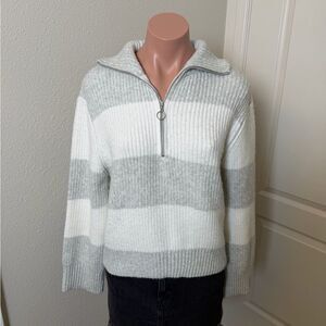 Happily Grey Striped Gray and White Half-Zip Sweater Sz M